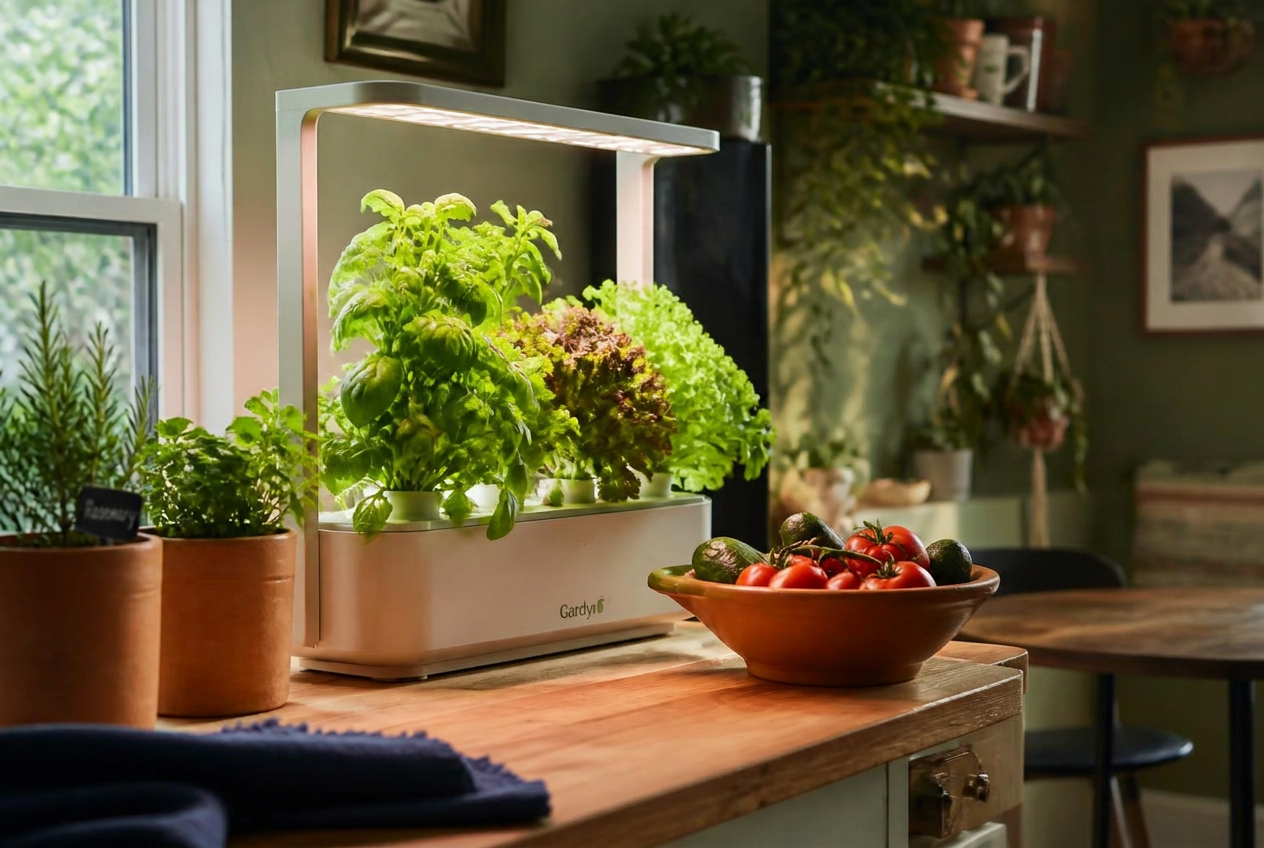 Small indoor hydroponic system growing fresh herbs and lettuce on a kitchen counter